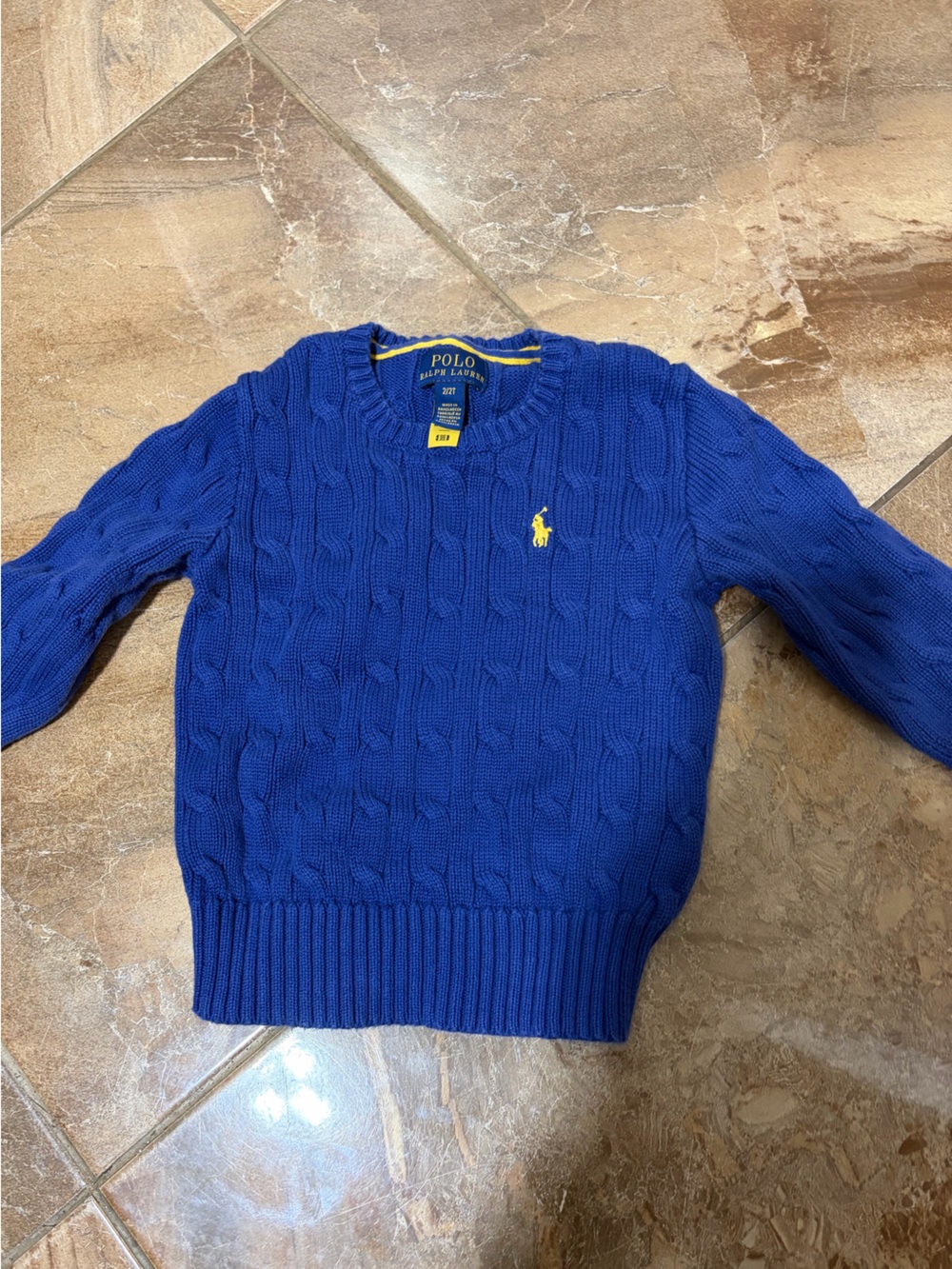 Polo by Ralph Lauren Blue Cable-Knit Crewneck Sweater with Yellow Pony